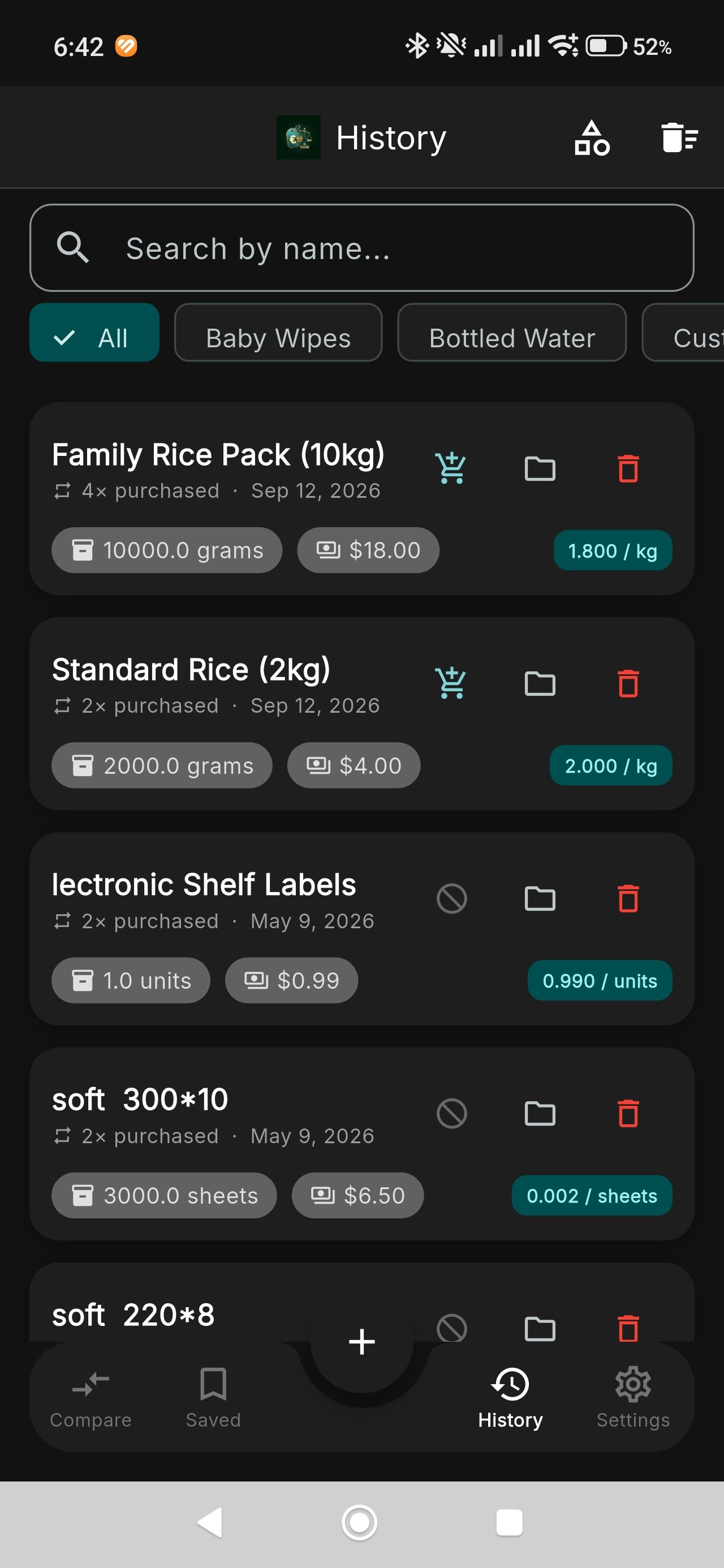 Compare Value purchase history