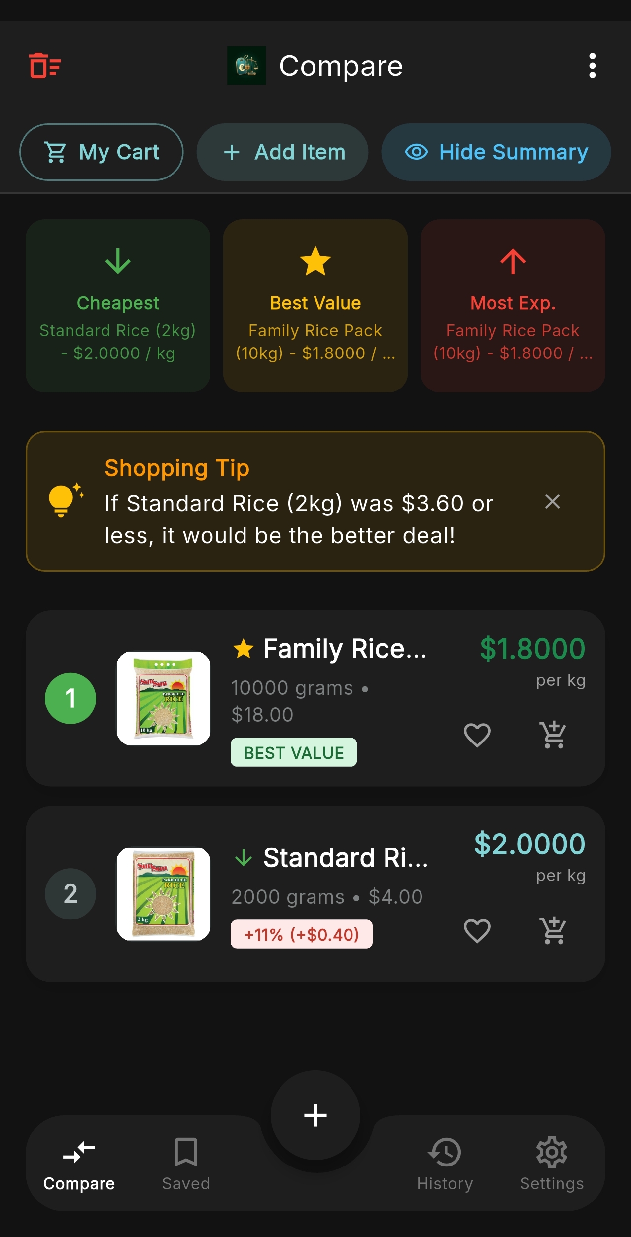 Compare Value main calculator screen