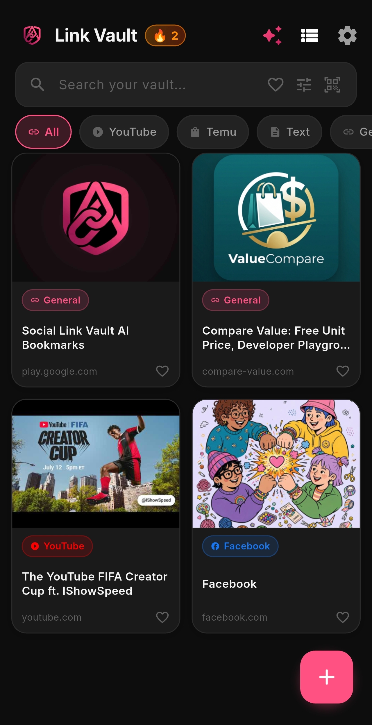Social Link Vault AI Bookmarks — main feed